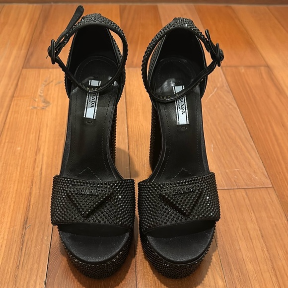 PRADA Platform Black Satin & Crystals Heels 37 - Picture 1 of 8